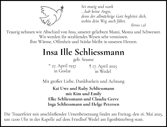 Traueranzeige von Insa Ille Schliessmann von Wedel-Schulauer Tageblatt, tip Wedel-Schulauer Tageblatt, tip Rissener Rundschau