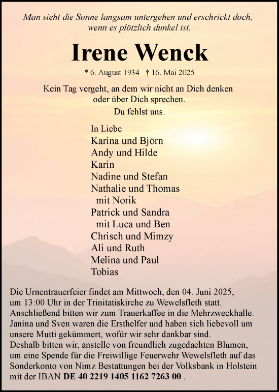 Traueranzeige von Irene Wenck von Norddeutsche Rundschau, Wilstersche Zeitung, Glückstädter Fortuna