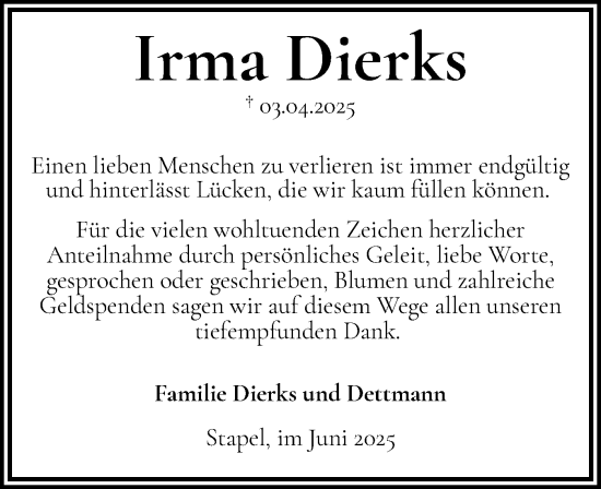 Traueranzeige von Irma Dierks von Husumer Nachrichten, Nordfriesland Tageblatt
