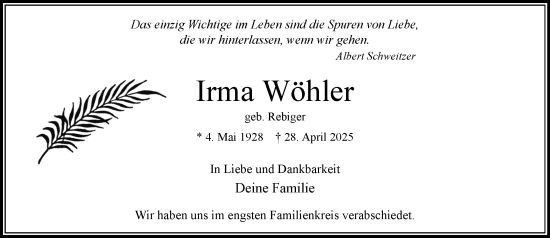 Traueranzeige von Irma Wöhler von MARKT Bad Oldesloe/Reinfeld und Stormarner Tageblatt