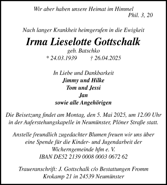 Traueranzeige von Irma Lieselotte Gottschalk von Hallo Rendsburg, Hallo Eckernförde