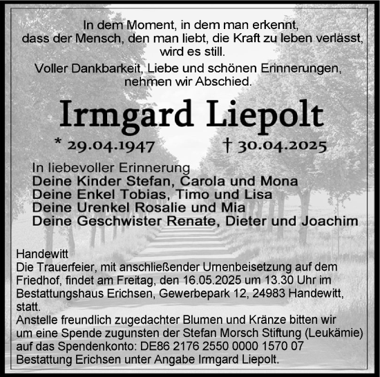 Traueranzeige von Irmgard Liepolt von Flensburger Tageblatt