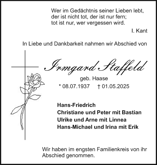 Traueranzeige von Irmgard Staffeld von Holsteinischer Courier