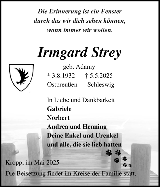 Traueranzeige von Irmgard Strey von Schleswig-Holsteinische Landeszeitung
