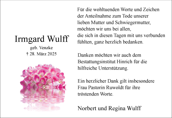 Traueranzeige von Irmgard Wulff von Uetersener Nachrichten, Der tip am Wochenende