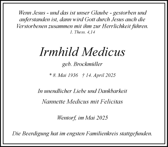 Traueranzeige von Irmhild Medicus von Wochenend Anzeiger