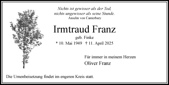 Traueranzeige von Irmtraud Franz von Wochenend Anzeiger