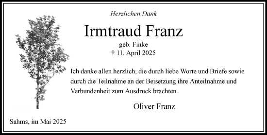 Traueranzeige von Irmtraud Franz von Wochenend Anzeiger