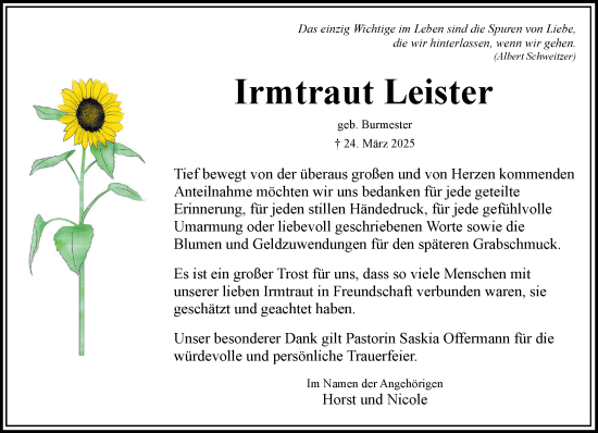 Traueranzeige von Irmtraut Leister von Wochenend Anzeiger