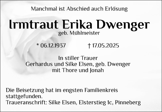 Traueranzeige von Irmtraut Erika Dwenger von Region Pinneberg und tip Pinneberg