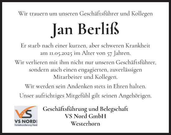 Traueranzeige von Jan Berliß von Elmshorner Nachrichten, Barmstedter Zeitung