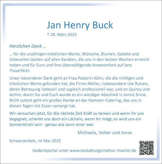 Traueranzeige von Jan Henry  Buck von Wochenend Anzeiger
