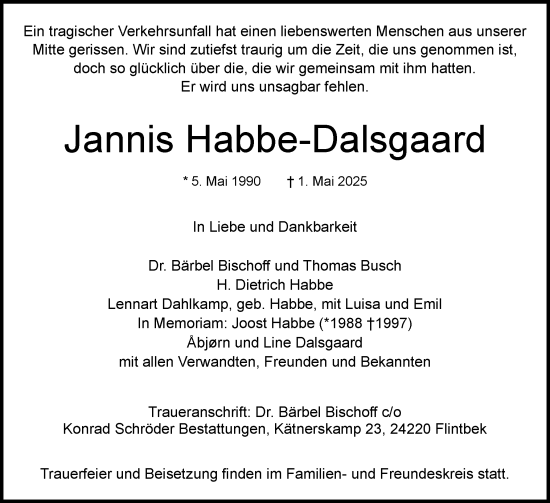 Traueranzeige von Jannis Habbe-Dalsgaard von Schleswig-Holsteinische Landeszeitung
