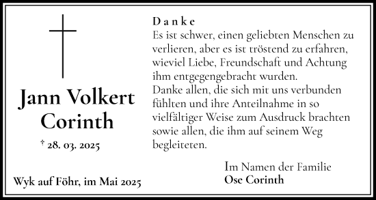 Traueranzeige von Jann Volkert Corinth von Der Insel-Bote