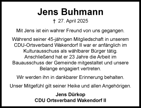 Traueranzeige von Jens Buhmann von Umschau