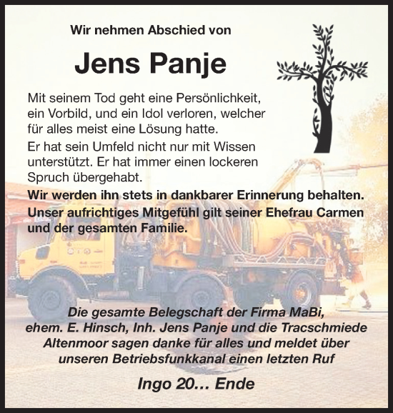 Traueranzeige von Jens Panje von Norddeutsche Rundschau, Wilstersche Zeitung, Glückstädter Fortuna