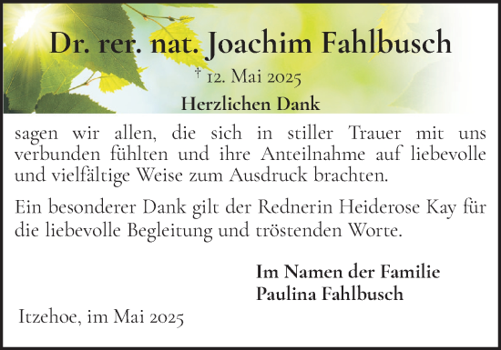 Traueranzeige von Joachim Fahlbusch von Norddeutsche Rundschau, Wilstersche Zeitung, Glückstädter Fortuna