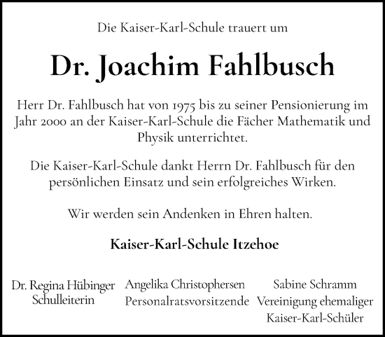 Traueranzeige von Joachim Fahlbusch von Norddeutsche Rundschau, Wilstersche Zeitung, Glückstädter Fortuna