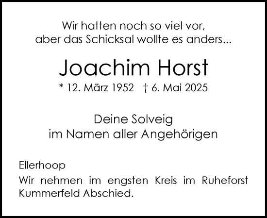 Traueranzeige von Joachim Horst von Region Pinneberg und tip Pinneberg