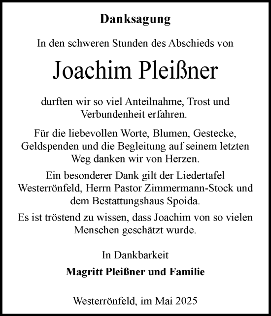 Traueranzeige von Joachim Pleißner von Schleswig-Holsteinische Landeszeitung