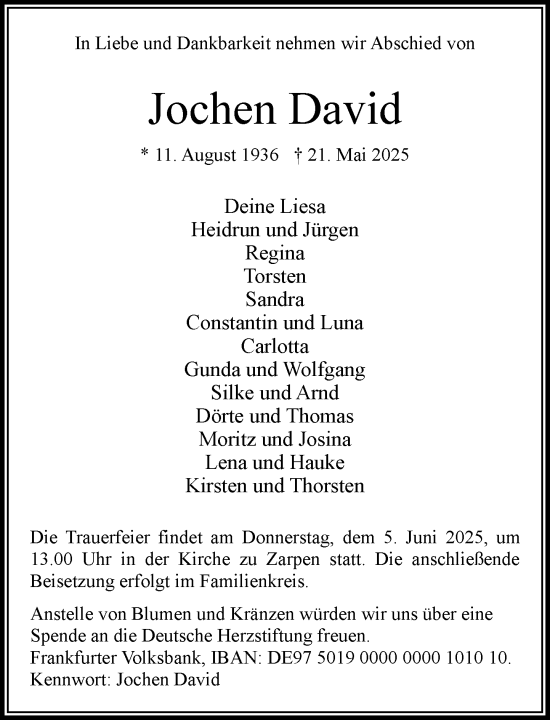 Traueranzeige von Jochen David von MARKT Bad Oldesloe/Reinfeld und Stormarner Tageblatt