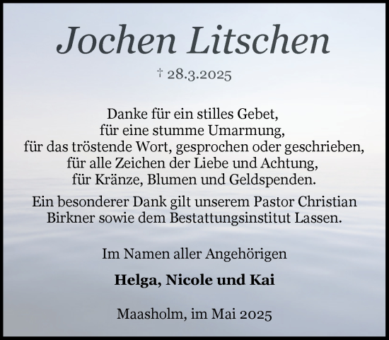 Traueranzeige von Jochen Litschen von Schleswiger Nachrichten, Schlei-Bote