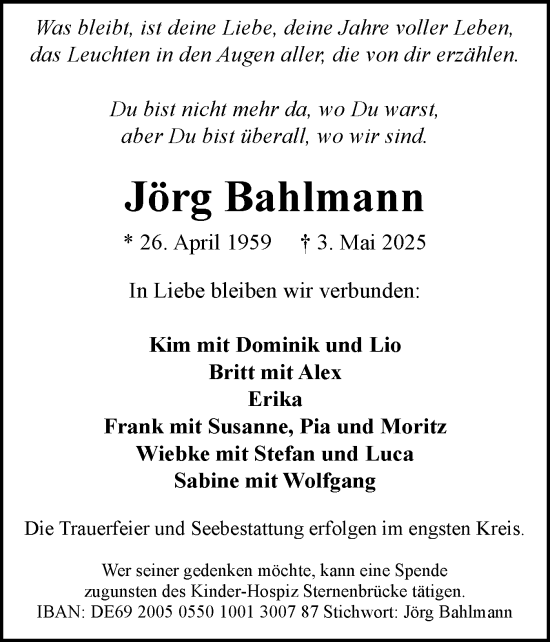 Traueranzeige von Jörg Bahlmann von Husumer Nachrichten, Nordfriesland Tageblatt
