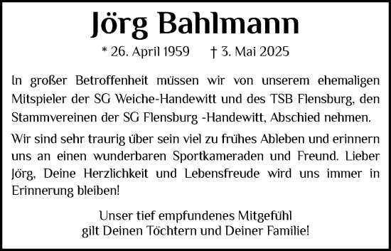 Traueranzeige von Jörg Bahlmann von Husumer Nachrichten, Nordfriesland Tageblatt