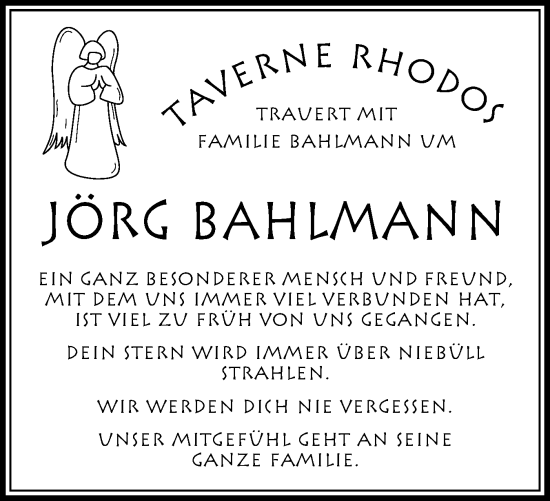 Traueranzeige von Jörg Bahlmann von Husumer Nachrichten, Nordfriesland Tageblatt