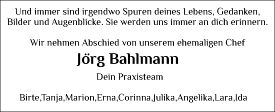 Traueranzeige von Jörg Bahlmann von Husumer Nachrichten, Nordfriesland Tageblatt