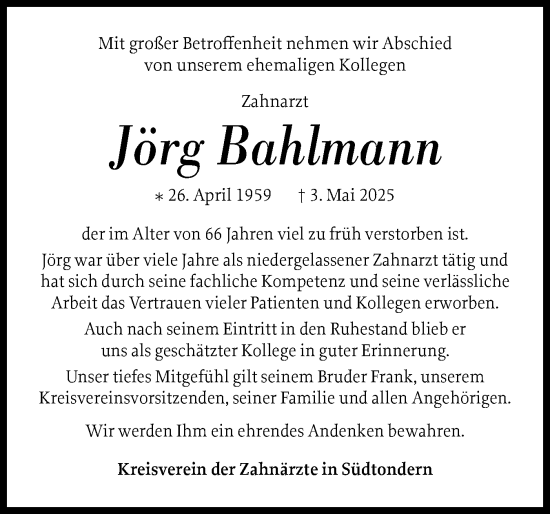 Traueranzeige von Jörg Bahlmann von Husumer Nachrichten, Nordfriesland Tageblatt