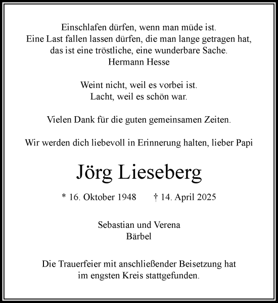 Traueranzeige von Jörg Lieseberg von MARKT Ahrensburg/Bargteheide/Trittau und Stormarner Tageblatt