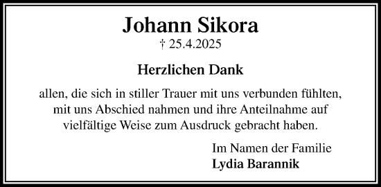 Traueranzeige von Johann Sikora von MARKT Ratzeburg/Mölln