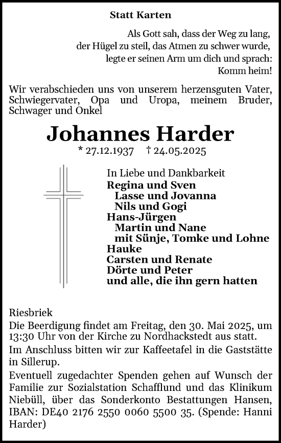 Traueranzeige von Johannes Harder von Region Flensburg