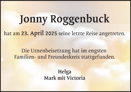 Traueranzeige von Jonny Roggenbuck von Region Pinneberg und tip Pinneberg