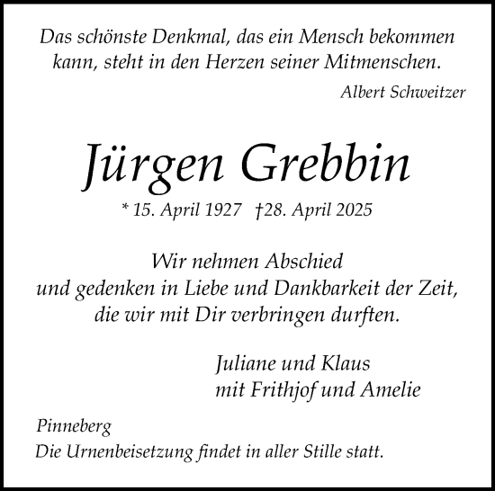 Traueranzeige von Jürgen Grebbin von Region Pinneberg und tip Pinneberg