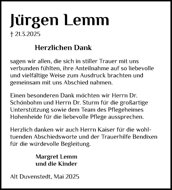 Traueranzeige von Jürgen Lemm von Schleswig-Holsteinische Landeszeitung