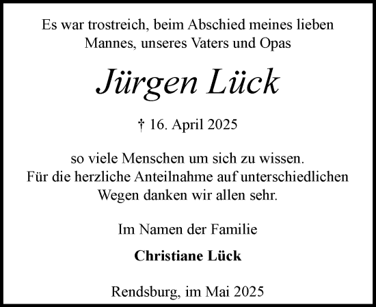 Traueranzeige von Jürgen Lück von Schleswig-Holsteinische Landeszeitung
