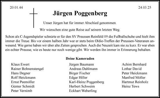 Traueranzeige von Jürgen Poggenberg von MARKT Bad Oldesloe/Reinfeld und Stormarner Tageblatt