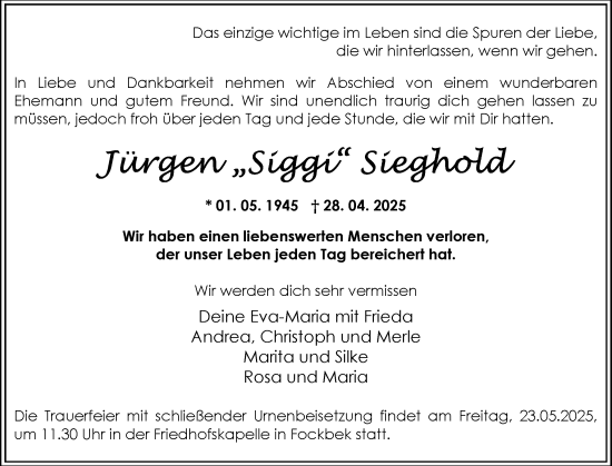 Traueranzeige von Jürgen Sieghold von Schleswig-Holsteinische Landeszeitung
