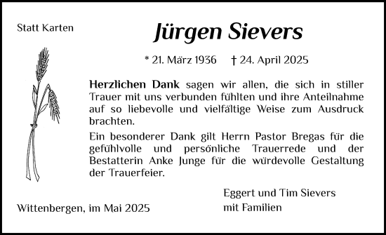 Traueranzeige von Jürgen Sievers von Schleswig-Holsteinische Landeszeitung