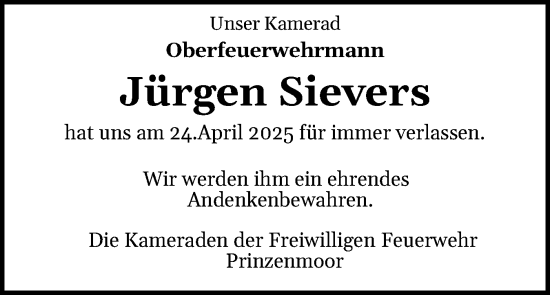 Traueranzeige von Jürgen Sievers von Schleswig-Holsteinische Landeszeitung
