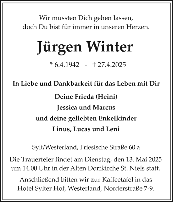 Traueranzeige von Jürgen Winter von Sylter Rundschau