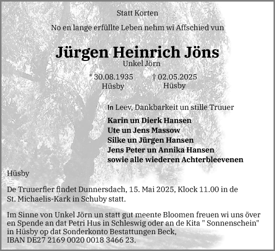 Traueranzeige von Jürgen Heinrich Jöns von Schleswiger Nachrichten, Schlei-Bote
