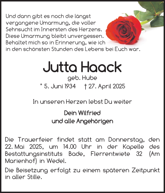 Traueranzeige von Jutta Haack von Wedel-Schulauer Tageblatt, tip Wedel-Schulauer Tageblatt, tip Rissener Rundschau