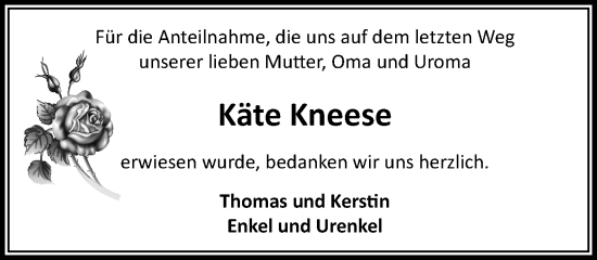 Traueranzeige von Käte Kneese von MARKT Bad Oldesloe/Reinfeld und Stormarner Tageblatt