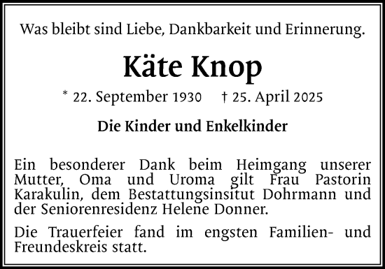 Traueranzeige von Käte Knop von Region Pinneberg und tip Pinneberg