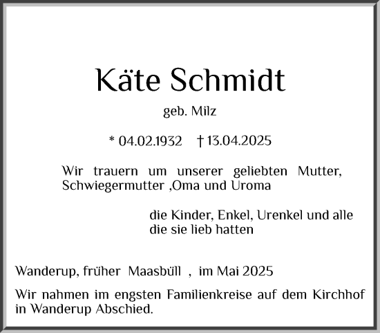 Traueranzeige von Käte Schmidt von Flensburger Tageblatt