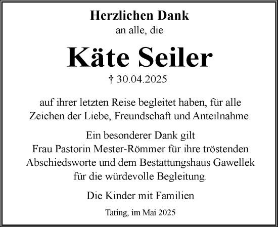 Traueranzeige von Käte Seiler von Husumer Nachrichten, Nordfriesland Tageblatt