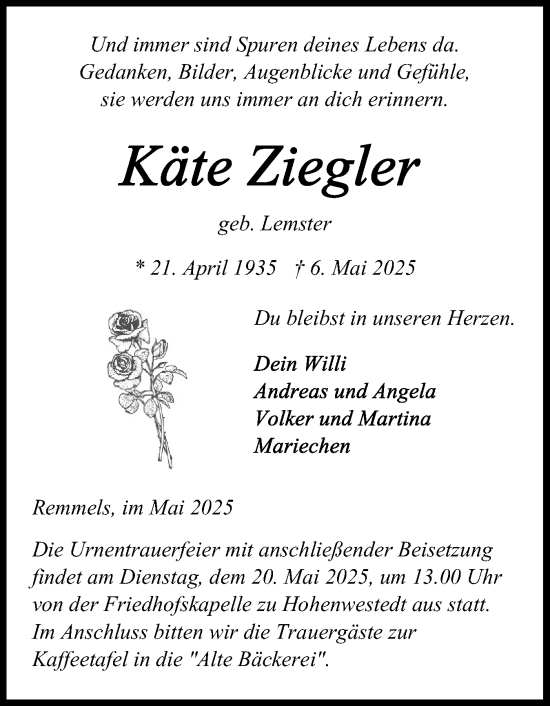 Traueranzeige von Käte Ziegler von Schleswig-Holsteinische Landeszeitung